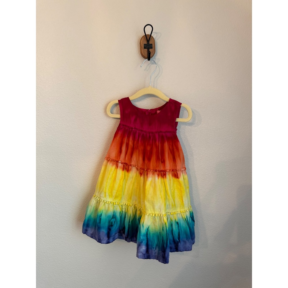Isaac Mizrahi Tie Dye Dress Girls 3T Rainbow Excellent Tiered Pom Pom Cotton